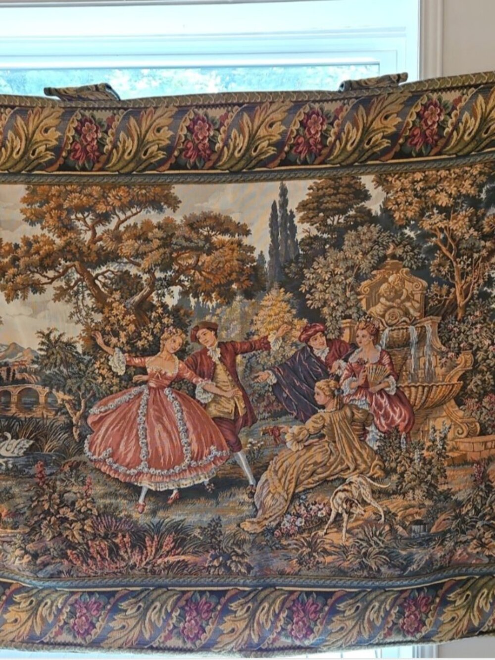Vintage Wall Tapestry Dancing Courtesans Pastoral Fete Galante Italy 38 x 55"